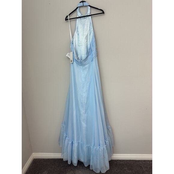 Mac Duggal Light Blue Sleeveless Halter Neck Ruche Skirt Ruffle Dress Size 12 - Picture 7 of 9